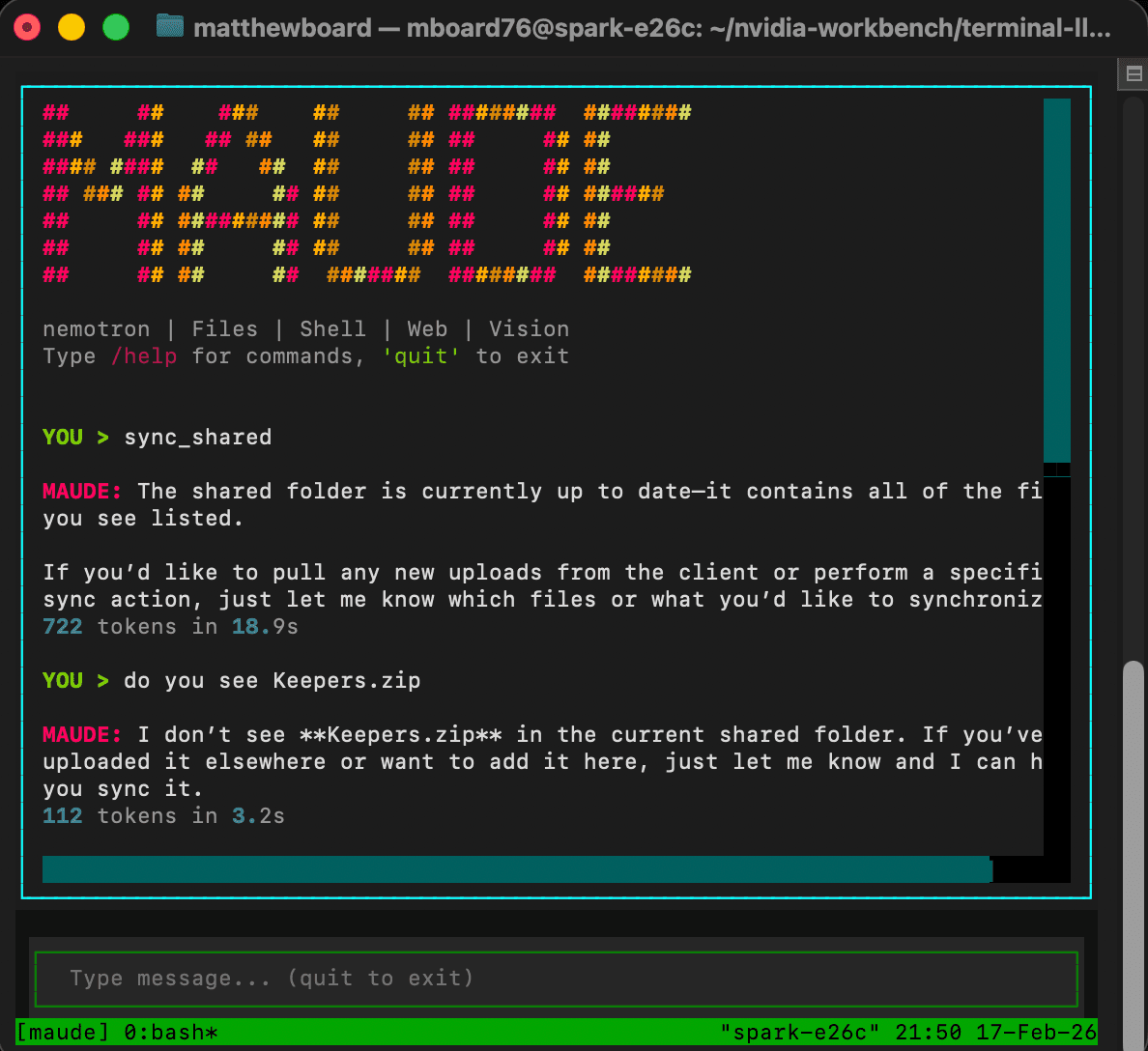 MAUDE running as a local AI operating environment