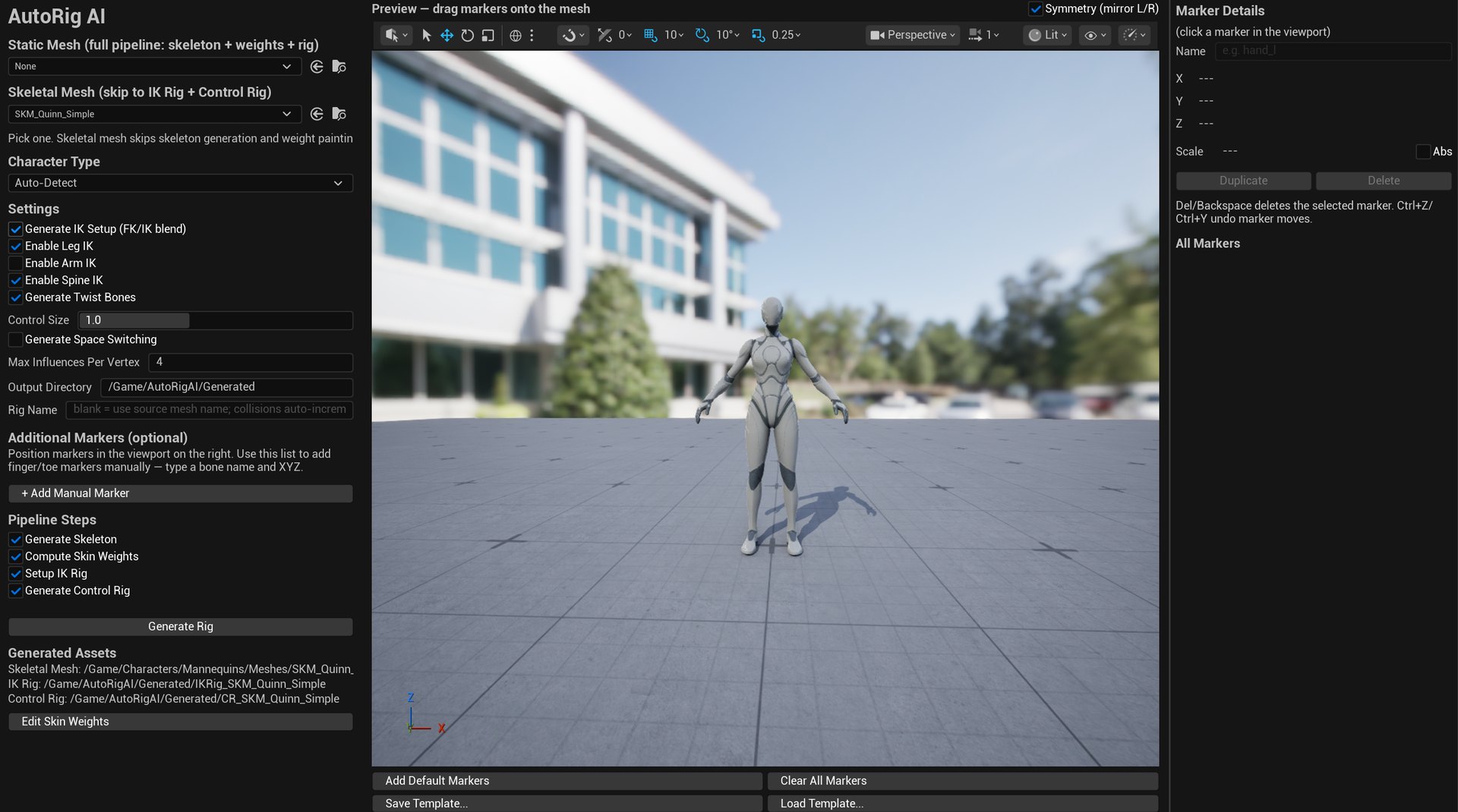 AutoRig AI editor — marker viewport, IK checkboxes, generated assets
